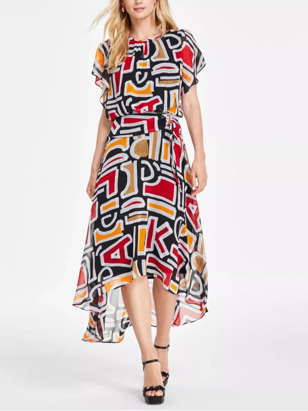 KARL LAGERFELD PARIS Women's Printed High-Low Flutter-Sleeve Dress. Size 8